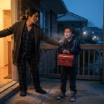 Nine-year-old nephew trembling on the porch while his aunt opens the door before sunrise in freezing weather