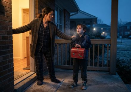 Nine-year-old nephew trembling on the porch while his aunt opens the door before sunrise in freezing weather