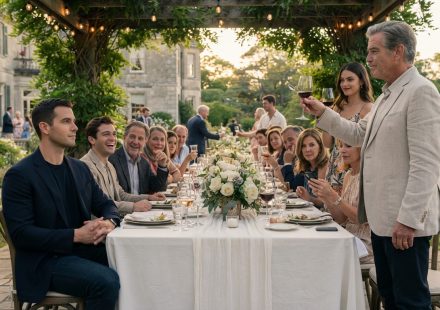 A 28-year-old man in a navy blazer arriving alone at an elegant family reunion at a country estate.