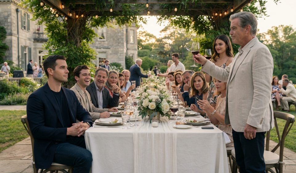 A 28-year-old man in a navy blazer arriving alone at an elegant family reunion at a country estate.