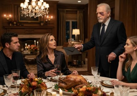 Billionaire grandpa with a bruise stands at the Thanksgiving table and hands his daughter a mysterious black envelope.