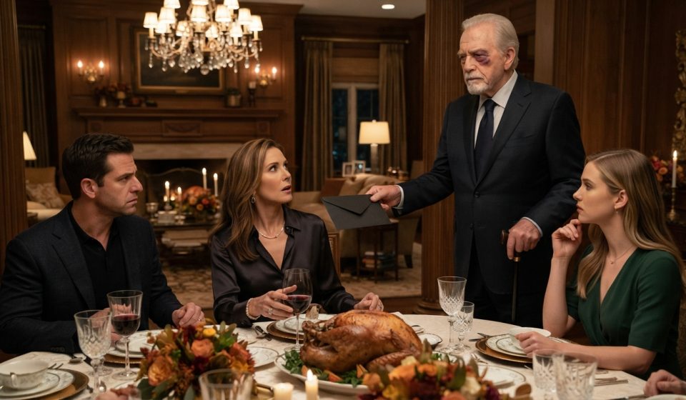 Billionaire grandpa with a bruise stands at the Thanksgiving table and hands his daughter a mysterious black envelope.
