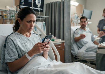 Woman awaiting cancer surgery looks at her phone while a neighboring hospital patient offers her a folded napkin.