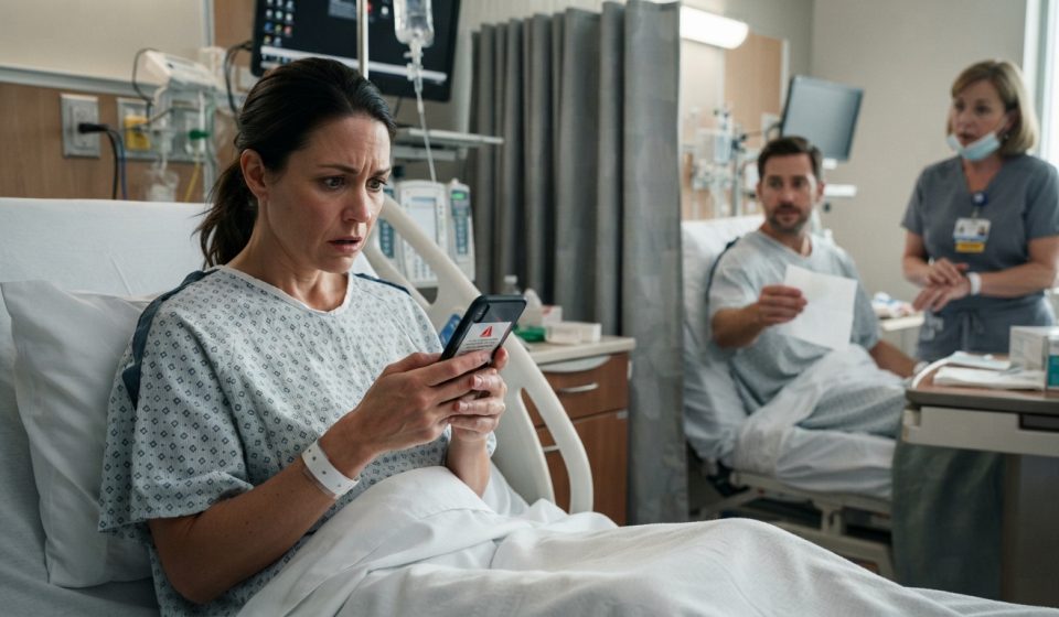 Woman awaiting cancer surgery looks at her phone while a neighboring hospital patient offers her a folded napkin.