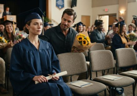 29-year-old woman at her certification graduation looking toward three empty family seats while her supportive husband sits behind her with sunflowers.