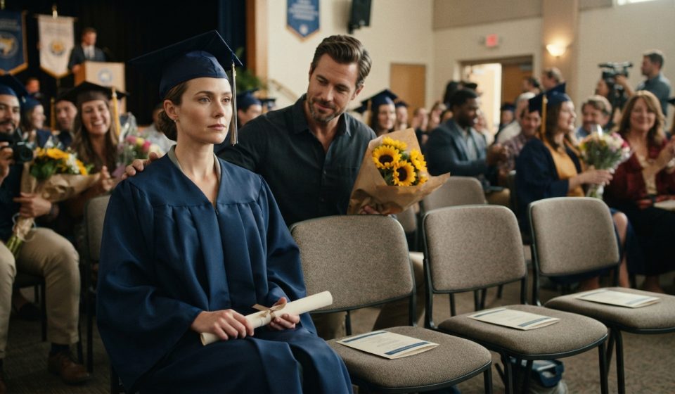 29-year-old woman at her certification graduation looking toward three empty family seats while her supportive husband sits behind her with sunflowers.