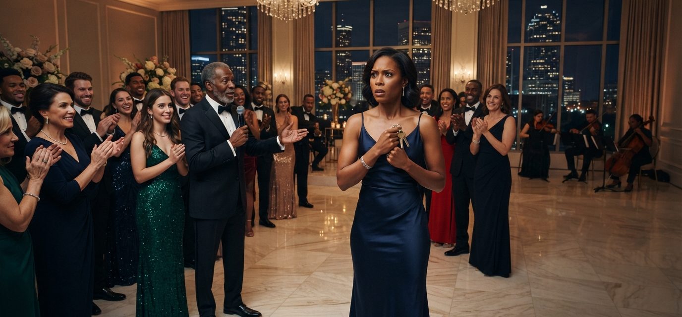Successful woman holding her penthouse keys as her father makes an unexpected announcement during an elegant family party.