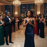Successful woman holding her penthouse keys as her father makes an unexpected announcement during an elegant family party.