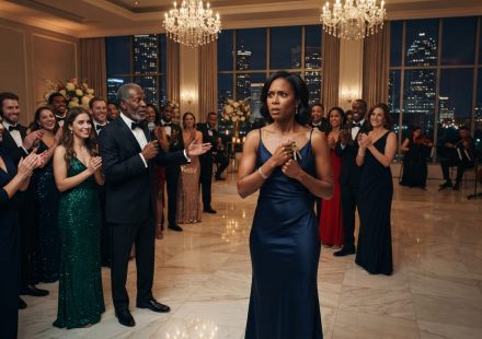Successful woman holding her penthouse keys as her father makes an unexpected announcement during an elegant family party.