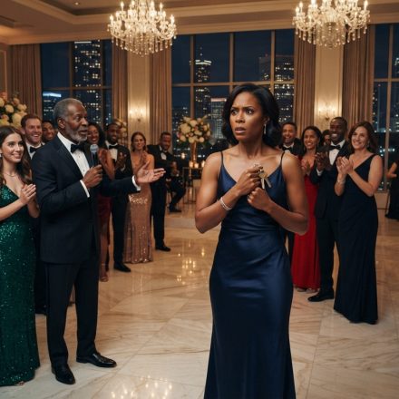 Successful woman holding her penthouse keys as her father makes an unexpected announcement during an elegant family party.