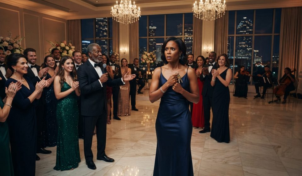 Successful woman holding her penthouse keys as her father makes an unexpected announcement during an elegant family party.