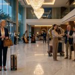 Woman excluded at a luxury resort while her family receives room keys in the lobby.