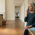 Woman standing beside the granite island in her newly purchased home after receiving an unexpected family phone call.