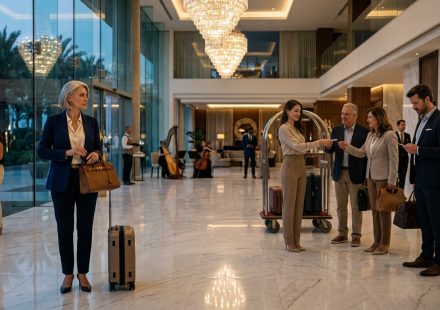 Woman excluded at a luxury resort while her family receives room keys in the lobby.