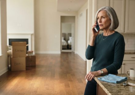 Woman standing beside the granite island in her newly purchased home after receiving an unexpected family phone call.
