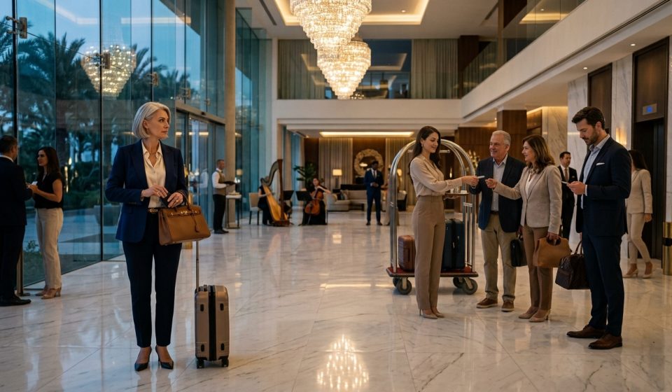 Woman excluded at a luxury resort while her family receives room keys in the lobby.