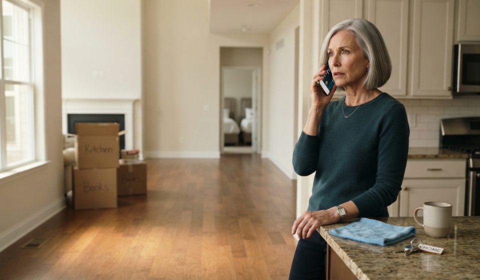 Woman standing beside the granite island in her newly purchased home after receiving an unexpected family phone call.