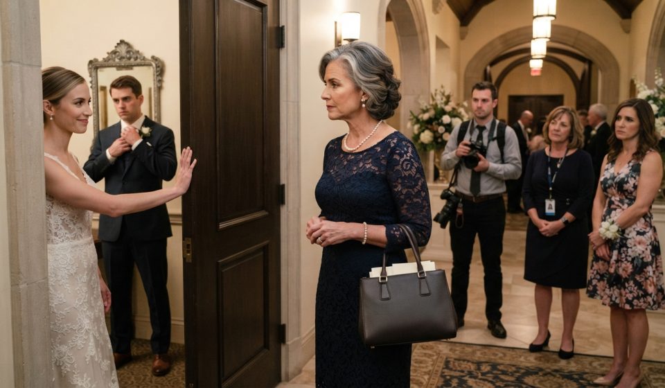 Mother standing outside the family room at her son's wedding while the bride blocks the doorway after she paid for my son's wedding.