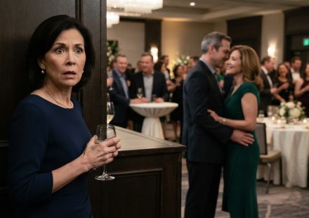 A shocked woman discovers her husband and best friend kissing behind the bar at a company party.