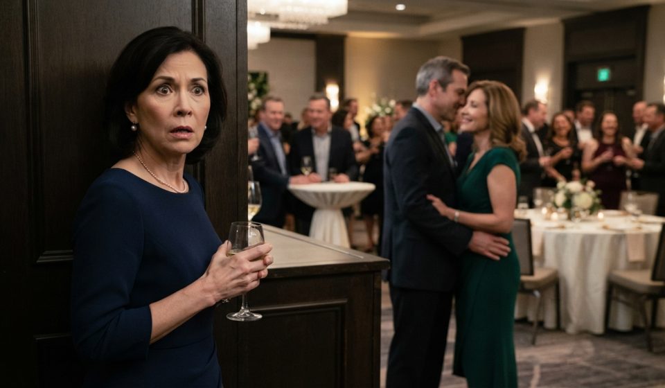 A shocked woman discovers her husband and best friend kissing behind the bar at a company party.