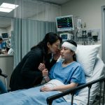 Injured young woman in a hospital bed as her mother pressures her to keep quiet