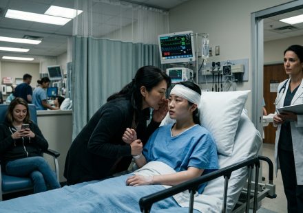 Injured young woman in a hospital bed as her mother pressures her to keep quiet