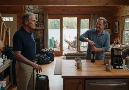Richard arriving to find several unfamiliar vehicles outside his lake house before its scheduled sale inspection.