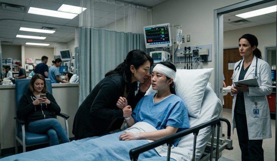 Injured young woman in a hospital bed as her mother pressures her to keep quiet