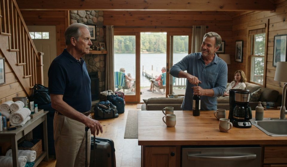 Richard arriving to find several unfamiliar vehicles outside his lake house before its scheduled sale inspection.