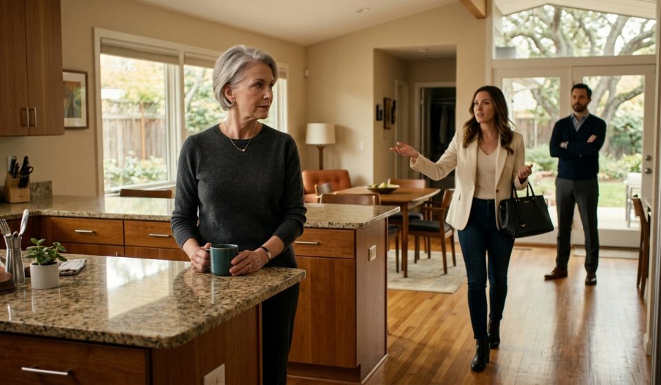 Daughter moving into my house while confidently discussing bedroom plans as her mother stands firmly in her newly renovated kitchen.