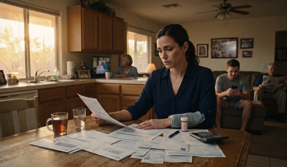 Sick young woman facing intense pressure from her parents and younger brother over her medical savings at the family kitchen table.