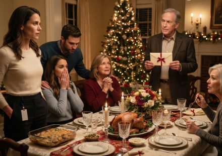 A woman at Christmas dinner discovering her parents are giving her condo to her sister while a prepared envelope sits on the family table.