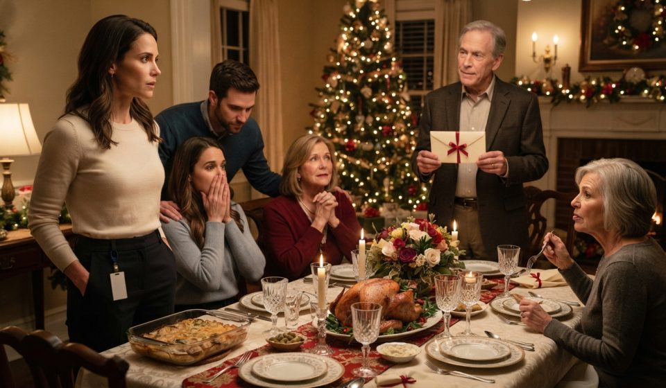 A woman at Christmas dinner discovering her parents are giving her condo to her sister while a prepared envelope sits on the family table.