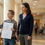 Nine-year-old son finished his cancer treatment and holds his handmade celebration sign while his mother reads a painful family message.