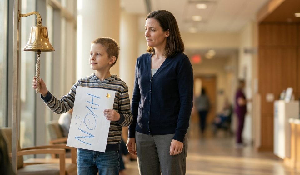 Nine-year-old son finished his cancer treatment and holds his handmade celebration sign while his mother reads a painful family message.