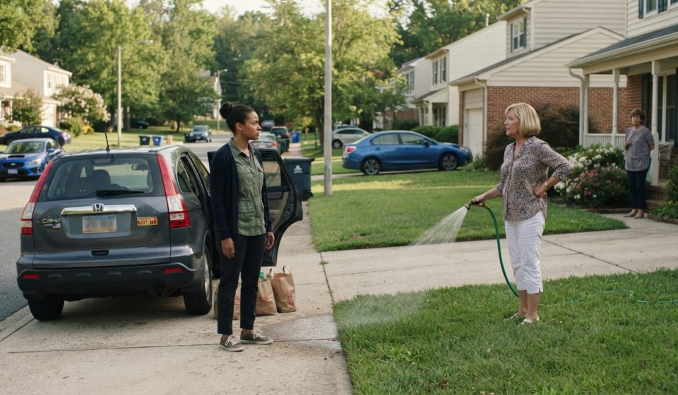 A woman carrying groceries from her car while a judgmental neighbor watches and accuses her of living off her tax money.