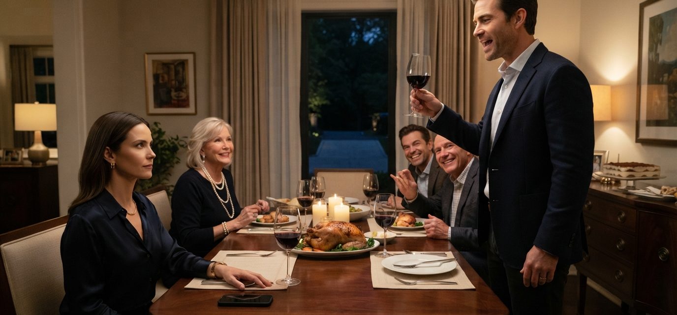 Woman calmly watching as her husband announces at a family dinner that he sold her cabin while she was overseas.