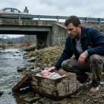 Harlan discovers a newborn abandoned in wooden crate after pulling the box from a cold river beneath a bridge.