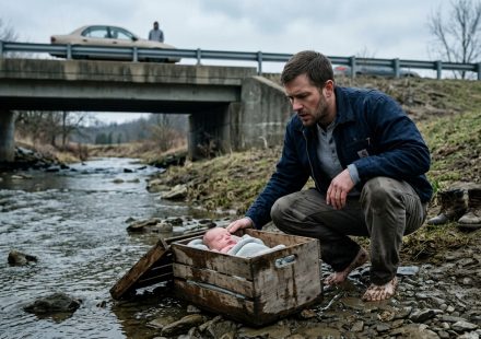 Harlan discovers a newborn abandoned in wooden crate after pulling the box from a cold river beneath a bridge.