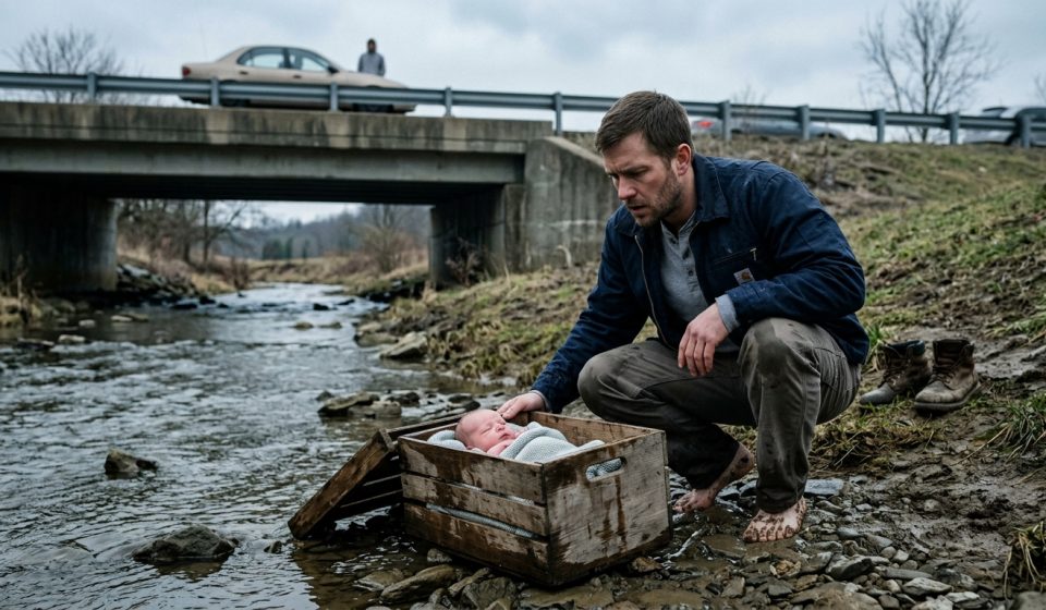 Harlan discovers a newborn abandoned in wooden crate after pulling the box from a cold river beneath a bridge.