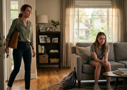 A concerned mother sits beside her upset 14-year-old daughter after learning the family refused to pay her daughter for weeks of restaurant work.