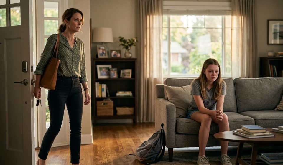 A concerned mother sits beside her upset 14-year-old daughter after learning the family refused to pay her daughter for weeks of restaurant work.