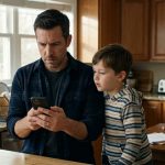 Father discovers his sister excluded his kids from party celebrations while his young son looks at the birthday photos on his phone.