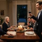 Woman calmly watching as her husband announces at a family dinner that he sold her cabin while she was overseas.