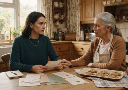 A bride-to-be sits alone with invitation samples and wedding plans after learning her parents could not afford my wedding.