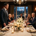 William standing during a tense family dinner after his wife demands he apologize to my brother