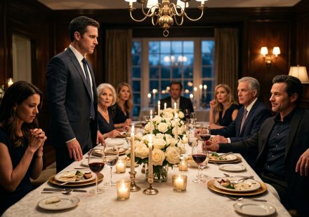 William standing during a tense family dinner after his wife demands he apologize to my brother