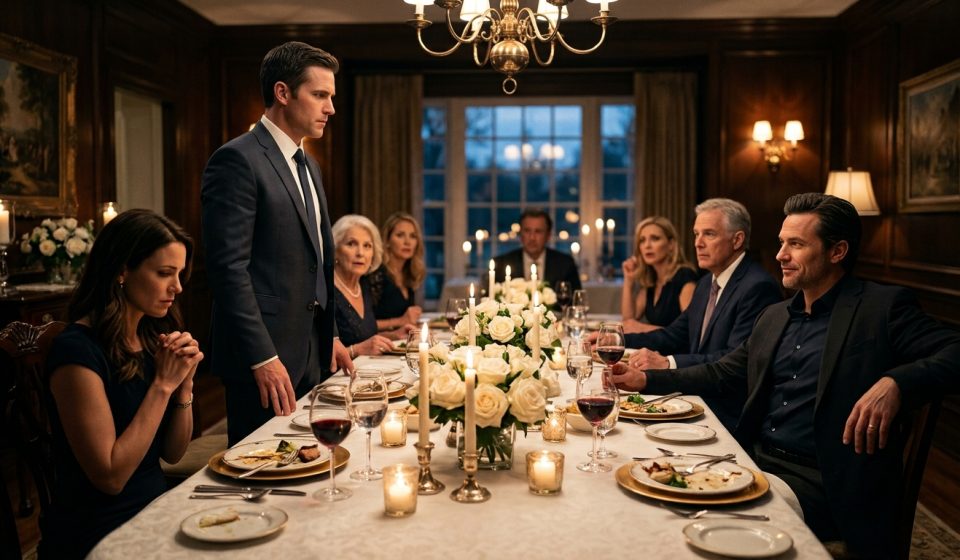 William standing during a tense family dinner after his wife demands he apologize to my brother