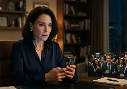 Longtime professional employee watching a shocking staff-party video of her boss insulting her on her phone.