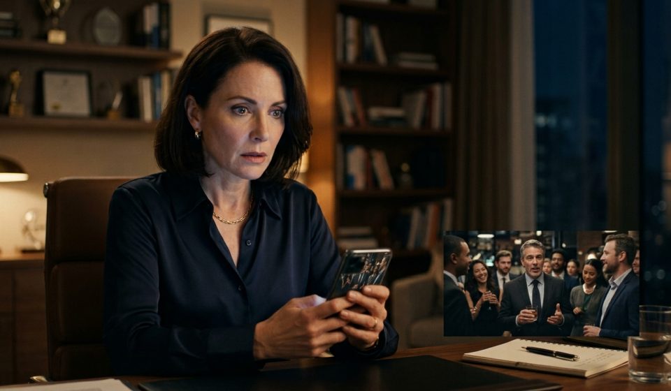 Longtime professional employee watching a shocking staff-party video of her boss insulting her on her phone.